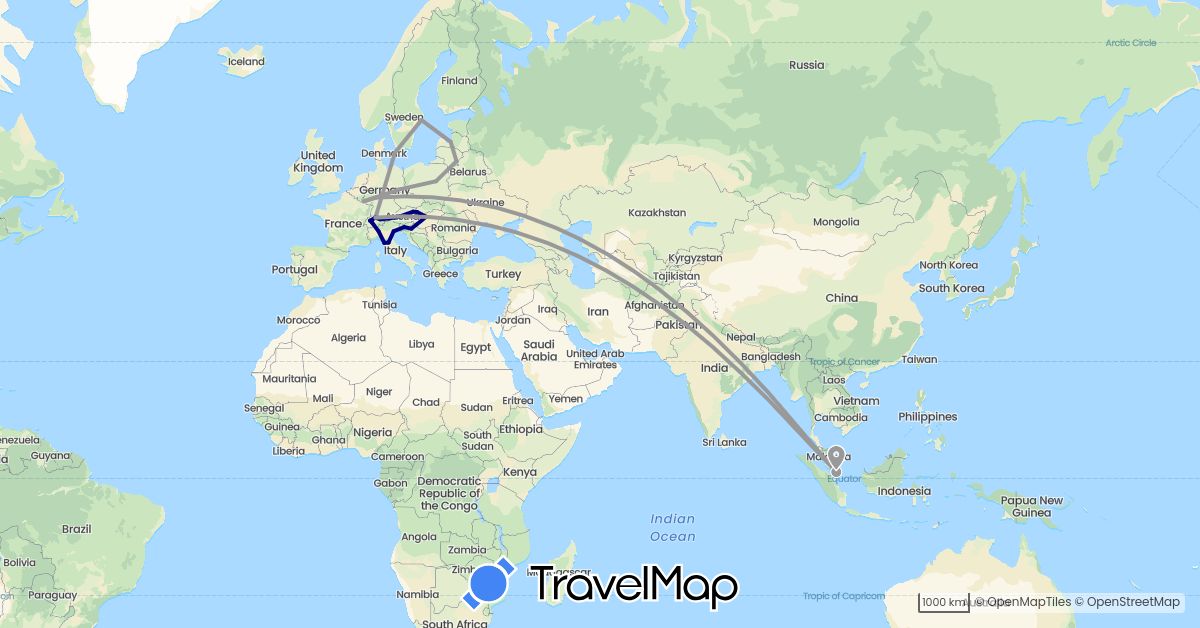 TravelMap itinerary: driving, plane in Austria, Switzerland, Germany, Denmark, Croatia, Hungary, Italy, Liechtenstein, Lithuania, Luxembourg, Latvia, Poland, Sweden, Singapore, Slovenia, Slovakia (Asia, Europe)